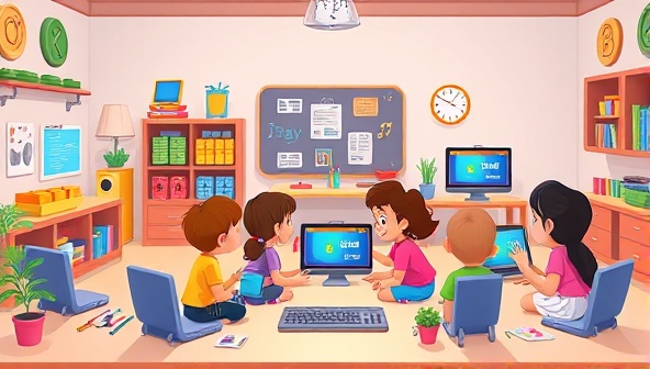 An animated scene of a virtual coding classroom with colorful coding blocks, digital devices displaying coding tutorials, and a diverse group of children collaborating on a coding project, accompanied by cheerful music and interactive elements, creating a playful and educational coding environment for kids.
