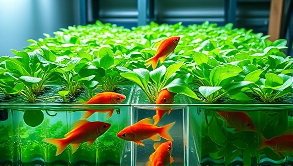 An engaging visual of a modern aquaponic microgreen farm setup, showcasing lush green plants thriving in water tanks alongside vibrant fish, illustrating the symbiotic relationship and sustainable farming practices.
