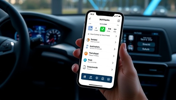 An illustration of a smartphone screen displaying the SyncDrive Connect app interface with car control options, navigation features, and entertainment settings, set against a futuristic car dashboard, highlighting convenience and technology integration.