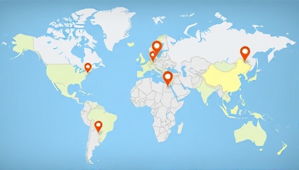 An interactive map display showing targeted mobile ads appearing on users' smartphones as they move through different locations, highlighting the platform's ability to reach users with relevant ads based on their real-time locations.
