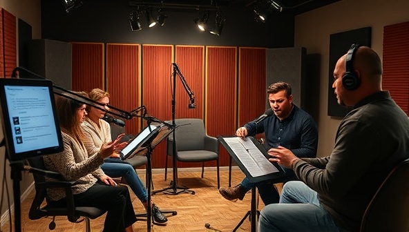 A professional recording studio setup with voice actors performing emotive readings, sound engineers adjusting audio levels, and a scriptwriter overseeing the production, capturing the collaborative and creative essence of short story podcast creation.