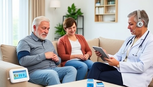 A modern home environment featuring VitalWatch Remote Care's remote monitoring devices seamlessly integrated into daily life, with an elderly patient using a blood pressure monitor, a caregiver reviewing health data on a tablet, and a healthcare provider conducting a virtual consultation, showcasing convenience and comprehensive care support.