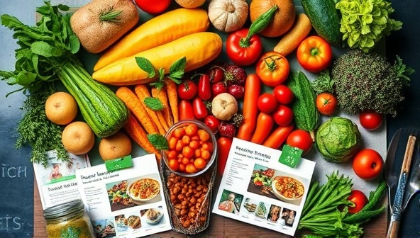 An appetizing overhead shot of a beautifully arranged plant-based meal kit spread with colorful fresh ingredients, herbs, and recipe cards, inviting viewers to explore the delicious and nutritious world of plant-based cooking.