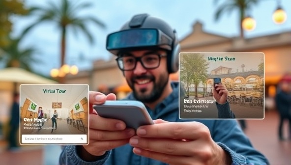 An engaging image of a user exploring a virtual tour on the app, with animated overlays highlighting local business offerings and promotions, showcasing the interactive and informative nature of the platform.