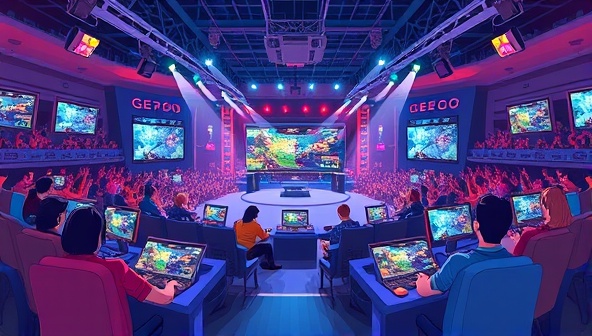 A dynamic illustration showcasing a virtual arena filled with gaming consoles, screens displaying e-sports matches, and cheering avatars, capturing the excitement and competitive spirit of E-PredictArena as an e-sports prediction platform.