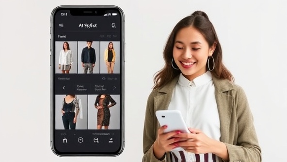 A sleek and modern smartphone screen displaying various outfit combinations generated by the AI stylist, alongside a happy user browsing through the recommendations, conveying convenience and style inspiration.