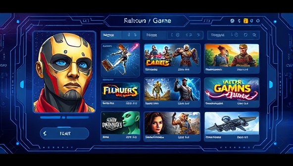 An illustration of a futuristic AI interface displaying personalized game recommendations based on player preferences, with dynamic visuals representing various gaming genres and styles, highlighting the customization and tailored experience offered by GameGenie AI.