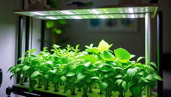 A sleek and modern hydroponic herb garden setup with LED grow lights, nutrient solutions, and flourishing herb plants, creating a vibrant and green indoor garden space, showcasing the convenience and efficiency of hydroponic herb cultivation.