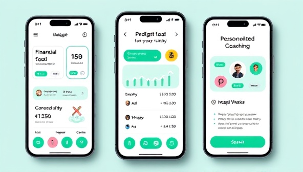 An interactive mobile app interface showcasing budgeting tools, financial goal trackers, and personalized coaching sessions, with engaging visuals and progress indicators, promoting financial empowerment and well-being.