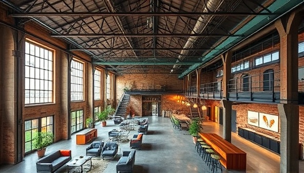 An industrial warehouse transformed into a vibrant mixed-use space combining residential lofts, coworking offices, and art galleries, showcasing the seamless integration of historical architectural elements with modern design concepts, highlighting creativity and sustainability in adaptive reuse architecture.