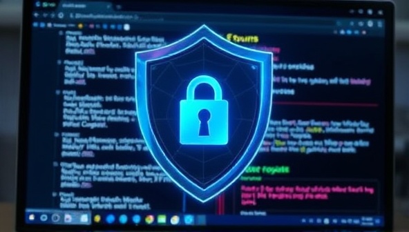 A digital shield symbolizing online security and protection overlaid on a computer screen displaying dark web forums and encrypted messages, conveying the concept of safeguarding sensitive information through dark web monitoring services.