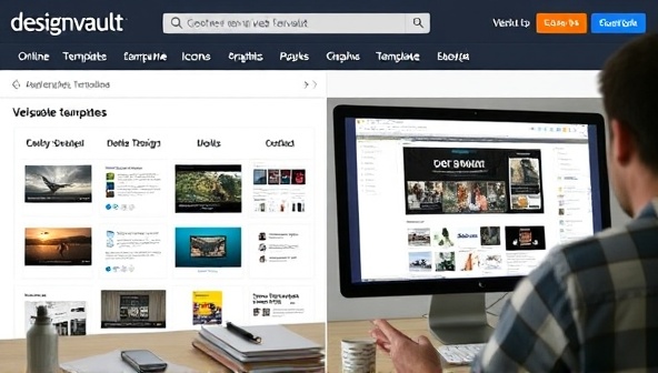 An online marketplace interface displaying a variety of web design templates, icons, and graphics available for subscription, with a user customizing a template on a computer screen, highlighting the versatility and convenience of DesignVault's offerings.