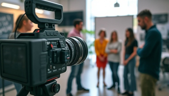 A dynamic shot of a camera capturing a behind-the-scenes moment of a video shoot, with a diverse team working together in a creative and collaborative environment, reflecting innovation and energy.