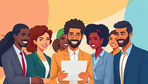 A vibrant and inclusive digital illustration representing a diverse group of professionals working together harmoniously, highlighting the value of diversity in the workplace and recruitment.