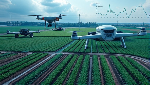 A futuristic farm landscape with drones flying overhead, automated machinery working in the fields, and data analytics dashboards displaying real-time crop information, illustrating the integration of technology in modern agriculture for optimal efficiency.