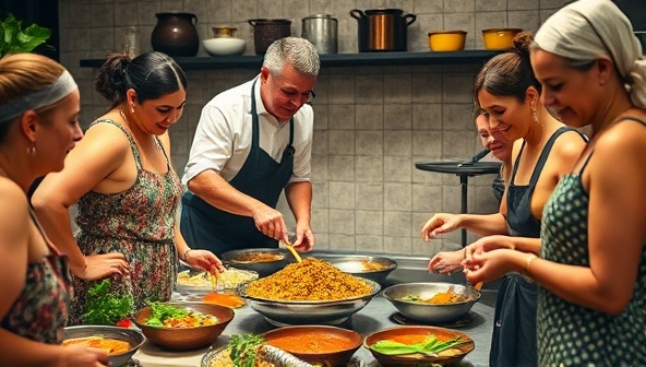 An appetizing image of a cooking class in progress, with participants joyfully preparing a traditional dish under the guidance of a local chef, surrounded by colorful ingredients and cooking utensils, capturing the essence of culinary immersion and cultural exchange.