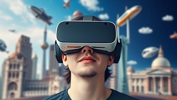 A person wearing a VR headset, surrounded by digital representations of famous architectural landmarks, with a sense of wonder and exploration on their face, showcasing the immersive experience of ArchExplore VR.