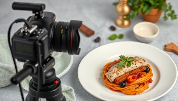 A visually stunning photography setup with a beautifully plated dish, professional camera equipment, and carefully placed props, creating an aesthetic and inspiring scene that represents the art of food photography taught in the online courses.