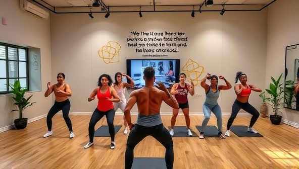 A virtual fitness studio environment featuring a diverse group of individuals participating in a live workout session led by a virtual fitness coach, with motivational quotes, healthy lifestyle elements, and interactive fitness tools, creating a dynamic and supportive fitness community online.