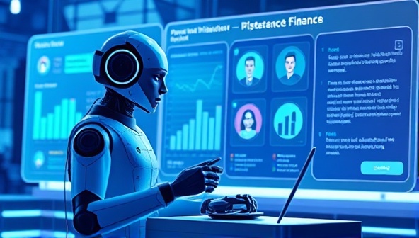 An artistic representation of a futuristic AI-powered personal finance assistant, depicted as a virtual assistant interacting with a user through a digital interface, displaying financial insights and recommendations.