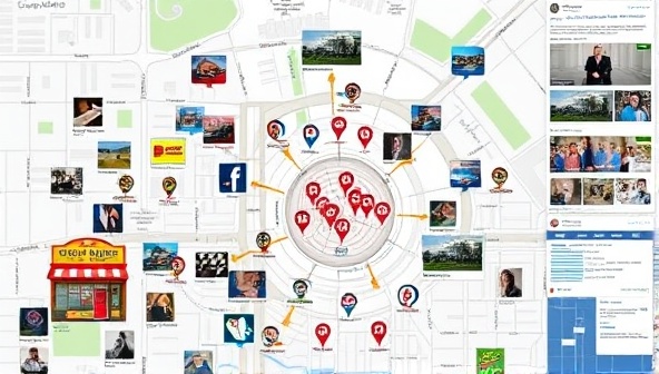 An interactive map displaying various local businesses, community events, and residents engaging with social media posts specific to their neighborhood, fostering a sense of connection and community pride.