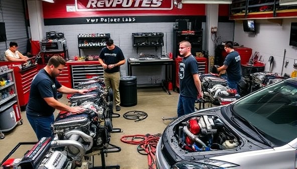 A dynamic workshop setting with participants engaging in hands-on car tuning activities, surrounded by tools, engines, and performance parts, capturing the excitement and learning experience of RevUp Labs car performance tuning workshops.