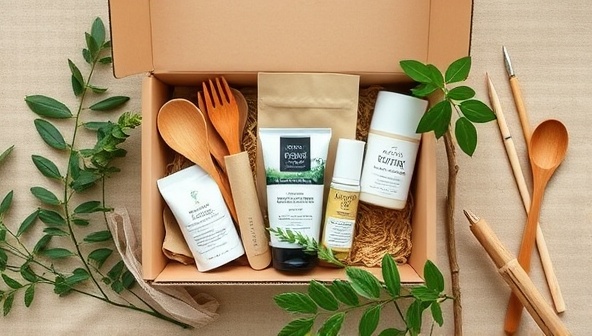 An artistic flat lay of a subscription box filled with natural, eco-friendly products like bamboo utensils, reusable bags, plant-based skincare items, and a leafy plant, creating a harmonious and sustainable vibe.