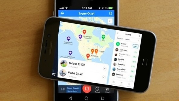 A smartphone screen displaying the ExplorerQuest app interface, with a dynamic map showing various challenge locations, colorful icons representing different tasks, and a leaderboard of top players, creating a sense of competition and exploration.
