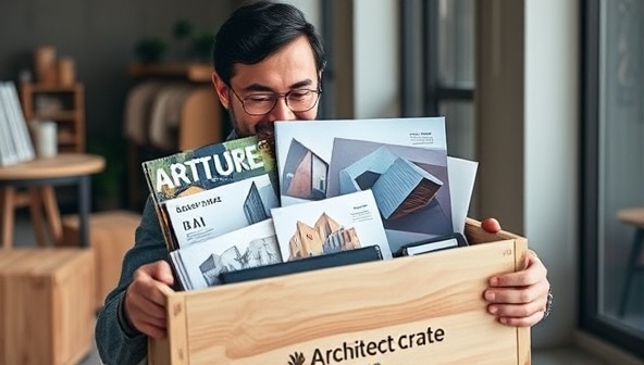 An architect unboxing an Architect Crate, revealing a set of sleek architectural tools, design magazines, and a surprise architectural model kit, with a look of excitement and inspiration, capturing the essence of creativity and innovation in architecture.