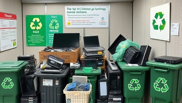 An image of a collection point with various electronic devices being sorted for recycling, surrounded by eco-friendly signage and recycling bins, emphasizing a green and sustainable approach to tech disposal.