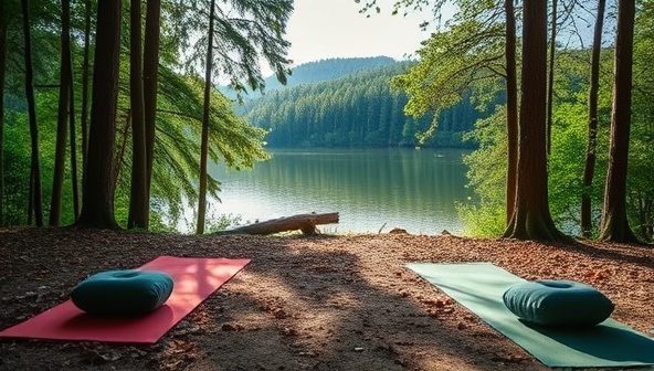 A serene image of a tranquil forest retreat with yoga mats, meditation cushions, and a peaceful lake in the background, inviting guests to unwind, unplug, and reconnect with nature at ZenEscape Retreats.