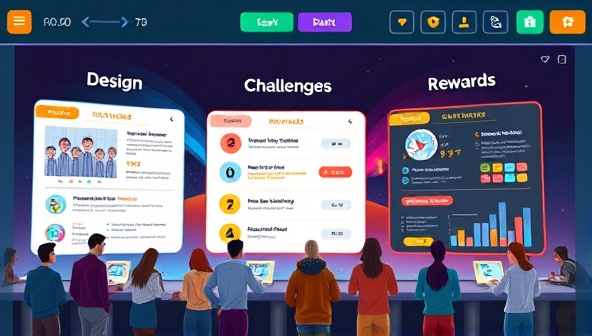 An interactive game interface showcasing design challenges, points, and rewards, with colorful graphics, engaging animations, and a diverse group of players immersed in the gamified web design learning experience, demonstrating the platform's dynamic and interactive nature.