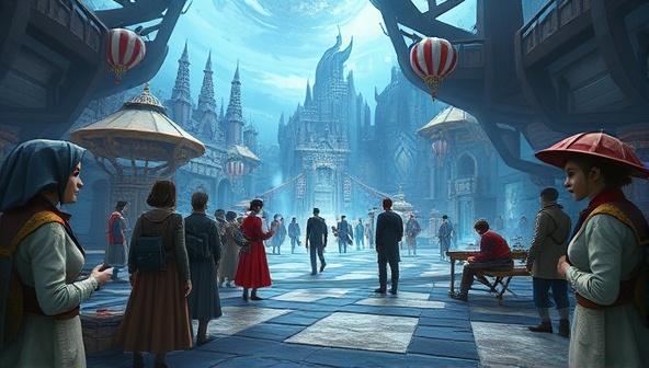 An immersive virtual world showcasing diverse characters and settings from interactive fiction stories, with users actively making choices that shape the narrative, conveying the dynamic and engaging experience of StoryForge.