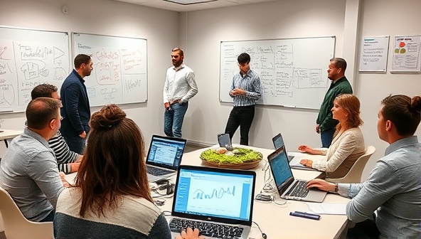 An interactive workshop environment with participants actively engaged in a digital marketing training session, surrounded by whiteboards filled with strategic plans, laptops displaying analytics tools, and a vibrant atmosphere of learning and collaboration.