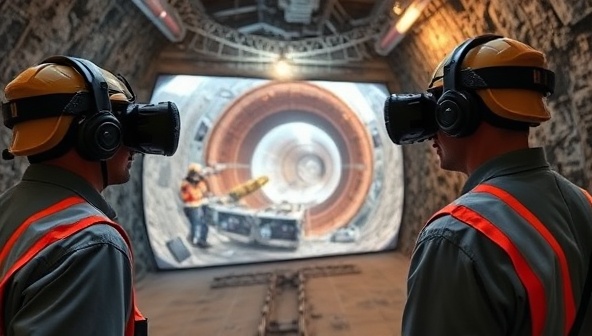 An engaging simulation scenario depicting a mine emergency response drill in a virtual environment, with mining personnel wearing VR headsets and practicing safety protocols, emphasizing the immersive and interactive training experience provided by SafeMine Simulations for mine safety education.