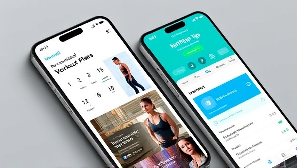 A sleek and modern app interface displaying personalized workout plans, nutrition tips, and progress tracking features, with motivational quotes and vibrant fitness images, inspiring users to achieve their fitness goals.