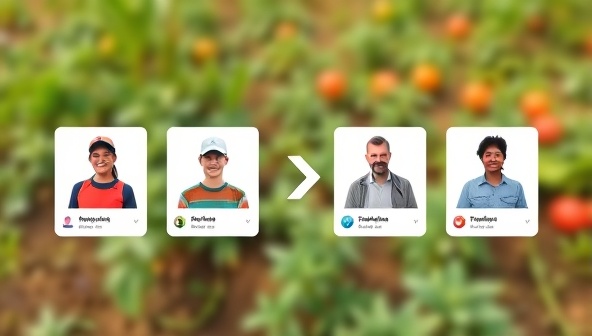 An interactive online platform interface showing various profiles of users offering and seeking agricultural skills, with a virtual exchange system symbolizing the sharing of knowledge and expertise.