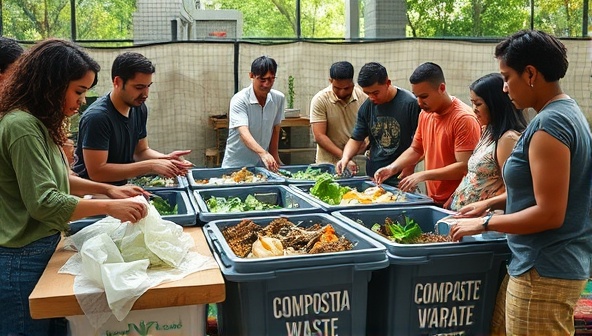 An engaging visual of a diverse community actively participating in a composting workshop, sorting organic waste into designated bins while learning about the composting process, showcasing teamwork and environmental stewardship.