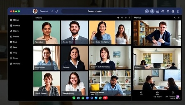 An online platform interface displaying profiles of mentors and students, with virtual meeting rooms and interactive workshop spaces, conveying a sense of connection and mentorship support in a digital environment.