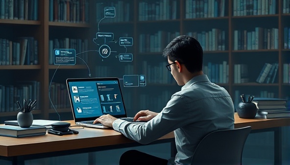 An artistic rendering of a writer sitting at a desk, typing on a laptop with a futuristic AI interface displaying various writing suggestions and enhancements, surrounded by a virtual library of books and inspiration.