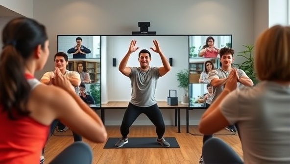 An energizing virtual workout session with a diverse group of participants following a trainer's instructions on-screen, showcasing the convenience and effectiveness of virtual wellness coaching.