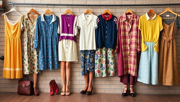 A visually appealing collage of vintage clothing pieces from different decades arranged in a retro-inspired setting, showcasing the eclectic and timeless charm of the fashion finds available on RetroRevive Boutique, inviting customers to explore the world of vintage fashion.