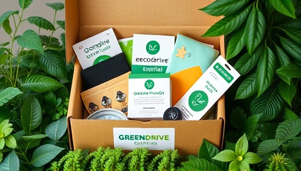 An aesthetically pleasing subscription box filled with eco-friendly car accessories, surrounded by green foliage and eco-conscious branding elements, creating a visually appealing and sustainable image for GreenDrive Essentials.