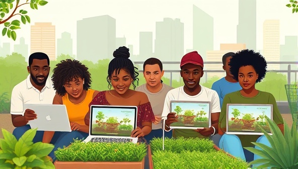 A digital illustration of a diverse group of urban residents attending a virtual agricultural workshop, with laptops and tablets displaying educational content on urban farming, surrounded by greenery and cityscape elements, representing the fusion of urban living and agriculture education.
