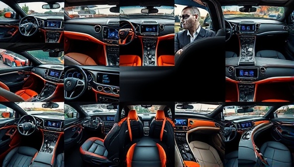 An artistic collage of different car interior designs showcasing luxury materials, unique color schemes, and innovative features, evoking a sense of style, elegance, and customization possibilities.
