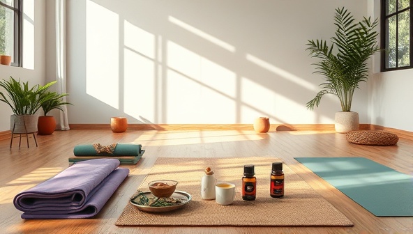 An inspiring image of a serene wellness space featuring yoga mats, herbal teas, essential oils, and mindfulness tools, creating a tranquil and inviting atmosphere that embodies the holistic well-being promoted by Wellness Junction.