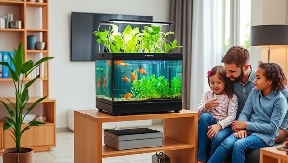 An inviting living room setup featuring a compact aquaponic garden kit on a stylish shelf, with colorful fish swimming in the tank, lush greens growing above, and a family happily tending to the mini ecosystem, highlighting the educational and sustainable aspects of the product.