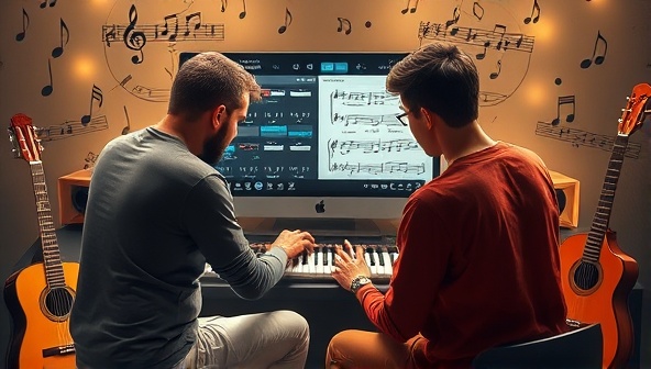 An artistic depiction of a virtual music mentorship session, showing a mentor guiding a musician through a composition on a digital music interface, surrounded by musical notes and instruments, capturing the essence of creativity and collaboration in music mentorship.