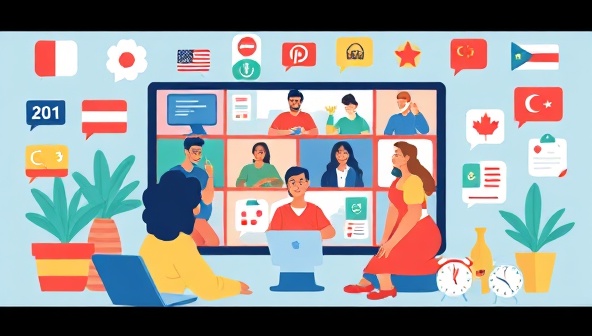 An engaging digital illustration showcasing a virtual language exchange session with diverse participants conversing in different languages, surrounded by language learning resources and cultural symbols, illustrating the vibrant and interactive nature of LingoLinkup.