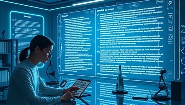 A futuristic workspace with a writer interacting with a holographic AI assistant, analyzing text on a transparent screen with digital writing suggestions, showcasing a seamless blend of human creativity and AI technology in the writing process.